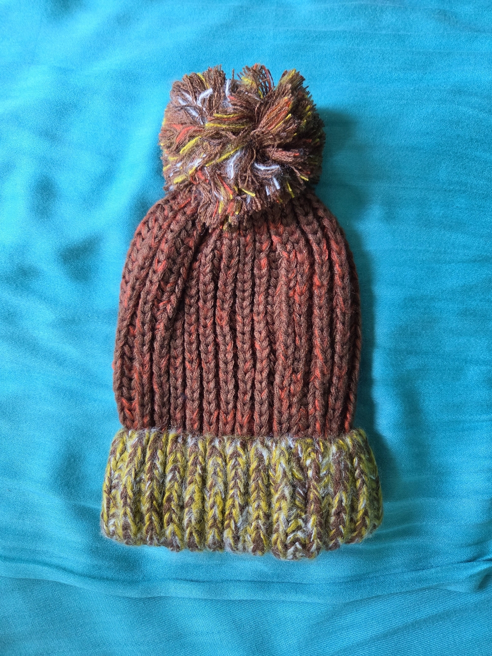 Brown Orange Knitted Pom-Pom Beanie Hat